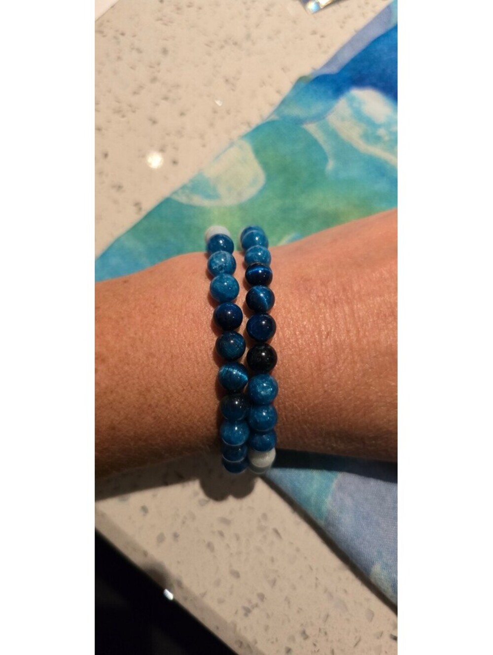 Set of Two Blue Beaded Stretch Bracelets with White and Light Green Accent Beads